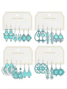 3 PCS Women's Vintage Bohemian Earrings Set, Silver Color Turquoise Pendant Dangle Earrings, Casual All-Season Jewelry for Daily Wear & Parties