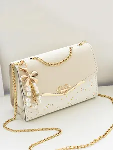Women's Colorblock Glitter Star Pattern Crossbody Bag, Elegant Chain Strap Shoulder Bag for Women,   Girl Fashionable Bag with Faux Pearls Charm, Elegant Bags, Shoulder Bag Purse, Glitter Evening Bag