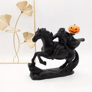 Headless Knight Statue Headless Knight Ornament, Headless Knight Statue Holding Pumpkin Head, Headless Knight Character Ornament Halloween Table Decoration, Resin Collectibles (Black) Satin