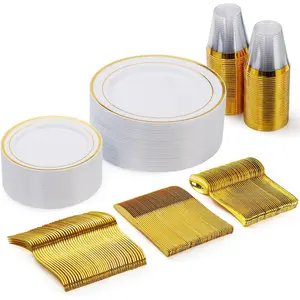 Goodluck 150 Pieces Gold Disposable Plates for 25 Guests, Plastic Party, Wedding, Dinnerware Set of Dinner Plates, Salad Spoons, Forks, Knives, Cups