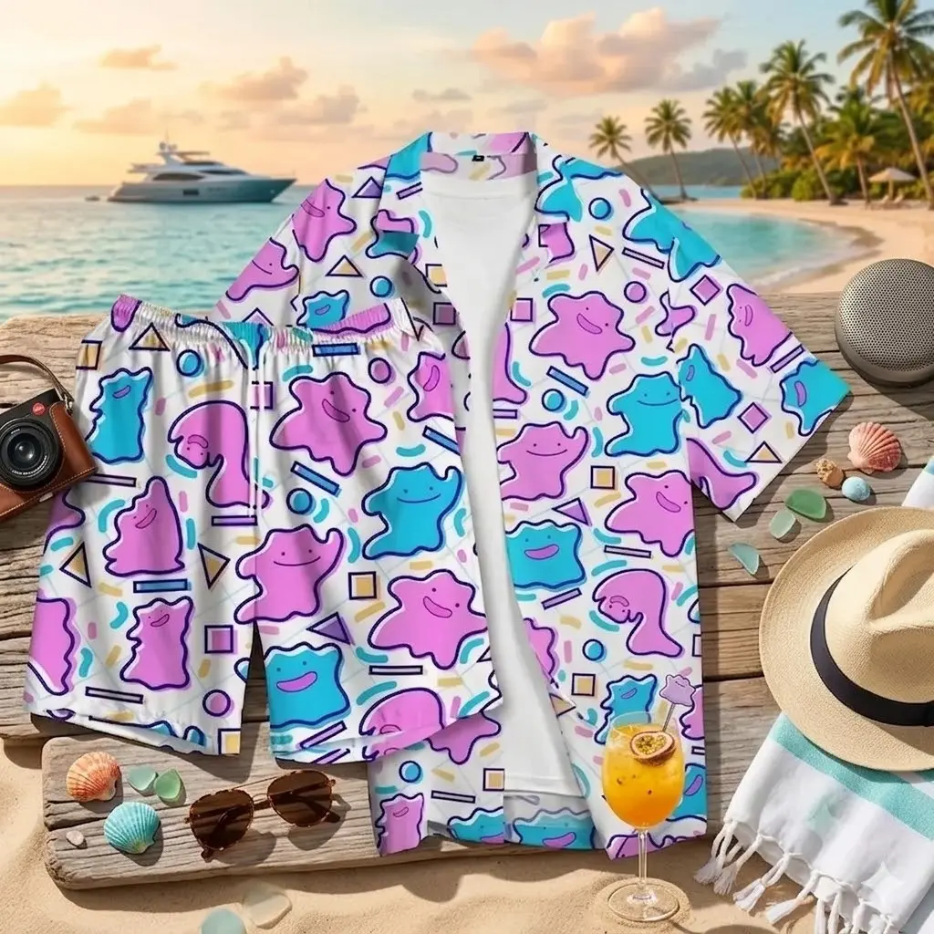 Trend Funny Ditto PKM Hawaiian Shirt - Breathable, Comfortable, Short Sleeves, Halloween, Summer Vacation, Perfect Gift for Him, Papa Tropic, Beach Trips Multicolor Top