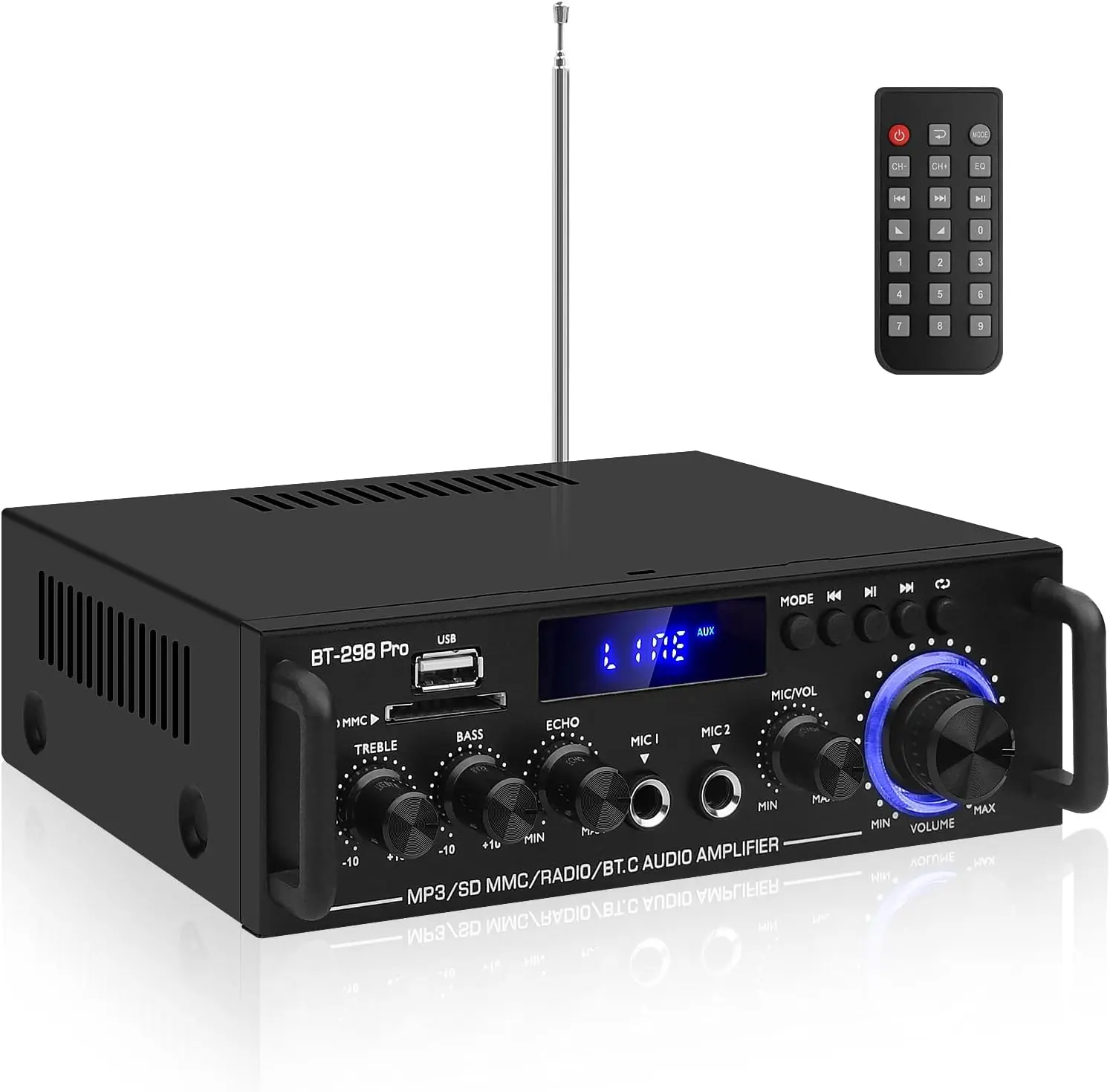 HiFi Stereo Bluetooth 5.0 Audio Amplifier Receiver (BT-298Pro) - 50w+50w, 600w Output, 110-240v Wireless Digital Mini Amp with Karaoke MIC, Echo, USB, FM Radio for 4-16 Inch Passive Home Speakers