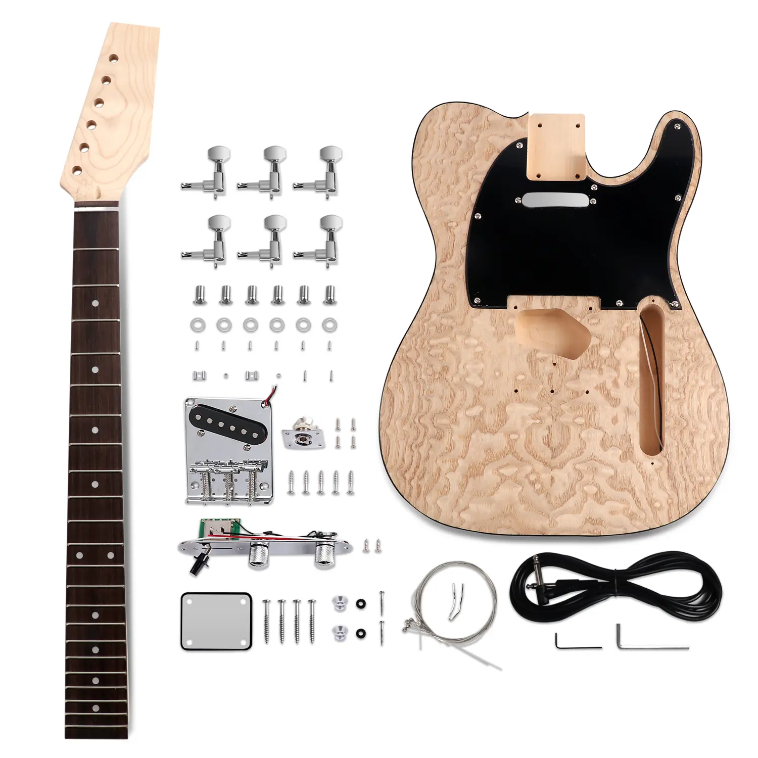 Fistrock Telecaster Type 6-String DIY Building Electric Guitar Complete Assembly Kit for Beginners - Unfinished Basswood Body, Ash Burl Top, 648mm/25.5" Maple Bolt-On Neck, Poplar Fingerboard, Chromed Casting Hardware, Guitar & Bass Accessory