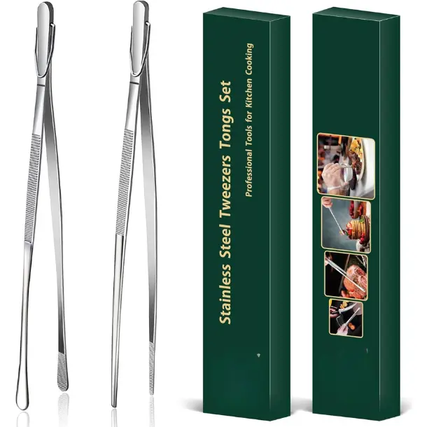 2 Pcs 12-Inch Extra-Long Handle Stainless Steel Fine Cooking Tweezers, Kitchenware Barbecue Utensils, for Grilling & Food Preparation, Silver
