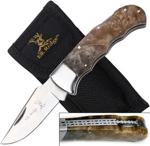 Elk Ridge Outdoors Gentleman's Folding Knife, 2.75-in Satin Finish Stainless Steel Blade, Maple Burl Wood Handle with Custom File Work, - EDC, Camping, Hunting, Survival - ER-138