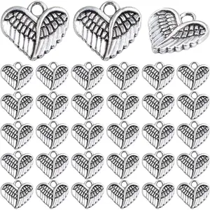 100pcs Antique Silver Angel Wings Feathers Charms Vintage Alloy Heart Shape Angel Wing Dangle Pendants for DIY Bracelet Necklace Jewelry Making Supplies Gifts