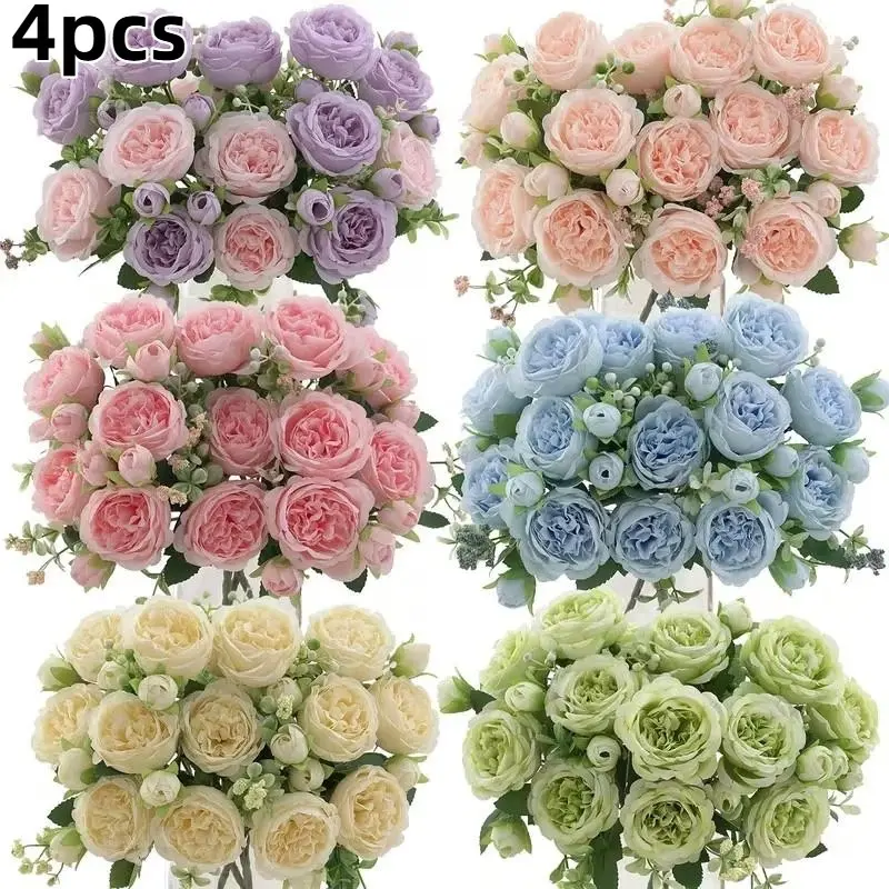 4pcs Realistic Peony Stems, Lifelike Blooming Peonies with Leaves, Artificial Flower Arrangements, Artificial Flowers Bouquet, Artificial Flower Set, Realistic Fake Flowers, Table Decor for Weddings, Mother's Day, Valentine's Day, Spring Summer