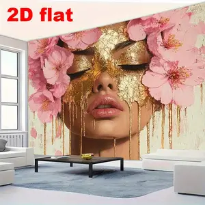 1pc Elegant Women with Pink Flowers and Golden Accents Background Fabric - Luxurious Art Wall Decor for Living Room, Bedroom, Office, Party Decoration - Intricate Gift Idea Female Wall Art Banner, Backdrop, Wall