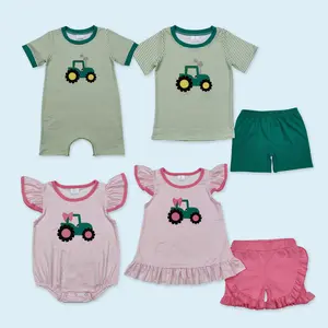Embroidery farm tractor kids girls summer outfit