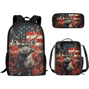 This 3-piece children's backpack set includes a lunchbox and a pencil case. It features a patriotic American flag and reindeer design, and is a large-capacity backpack suitable for junior high and high school girls.