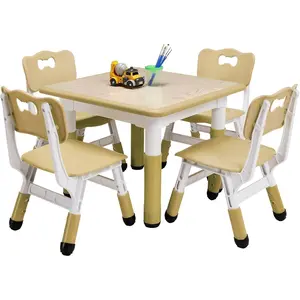 Kids Table and 4 Chairs Set, Height Adjustable Toddler Table and Chair Set, Graffiti Desktop for Classroom,Daycare,Home, Multifunctional Toddler Table for Ages 2-8. Round Dining Stools Modern
