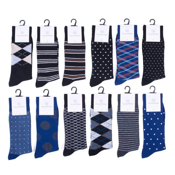 Vincent Di Mani Menswear Formal Men’s 12-Pair Assorted Mid-Calf Dress Socks - Geometric Mix Pack, Comfortable Mid-Calf Socks