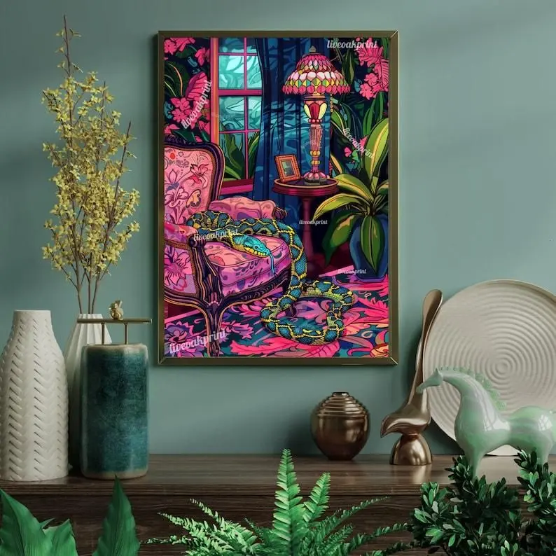 [40% OFF] [UNFRAMED]     Reptile Relaxation - Snake In A Living Room - Maximalist Snake Print - Snake Wall Art - Jungle Wall Decor - Maximalist Living Room Poster Ornaments