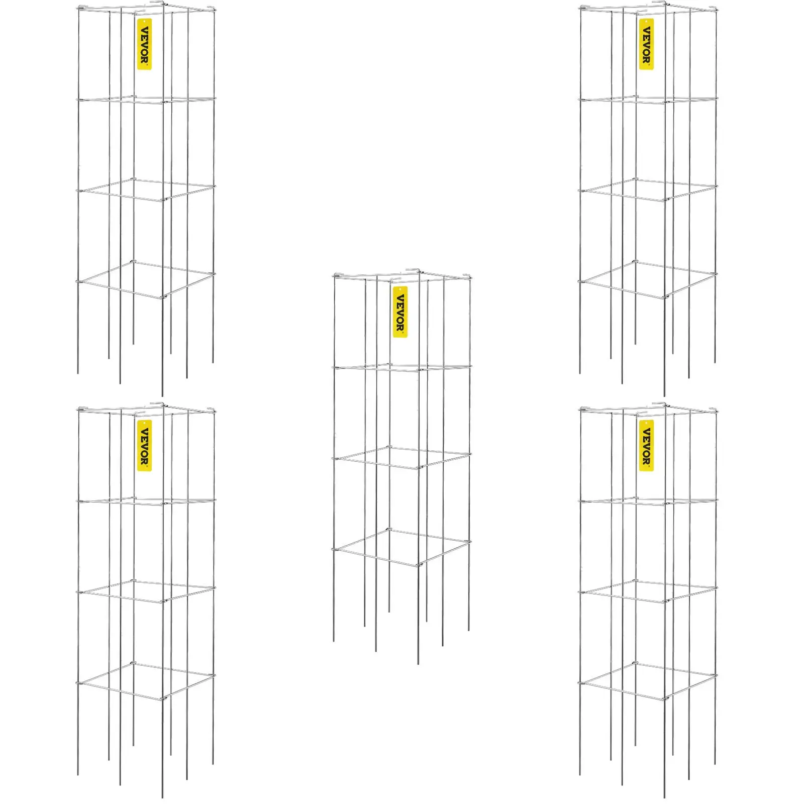 【summerfinds】VEVOR 5-Pack Foldable Square Tomato Cages (11.8"x11.8"x46.1"), Silver PVC-Coated Steel Climbing Planting Stand, 3-Tier Trellis for Climbing Vegetables & Flowers, Compact Storage, Rot & Animal Damage Prevention, Home Garden Gift Option, Climbi