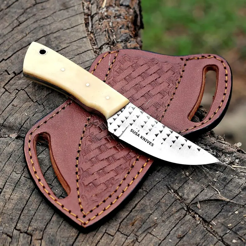 Durable Bull Cutter Knife for Hunting Enthusiasts, 7" Hand-Forged Hoof Rasp Damascus Steel Blade, Full Tang, Camel Bone Handle, Hand-Stitched Pancake Sheath, Quenching Process, Knives
