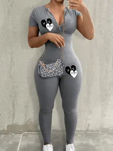 Women's Heart Print Short Sleeve Jumpsuit, Casual Comfy Bodycon Jumpsuit for Summer, Fashion Women's Clothes for Daily Wear