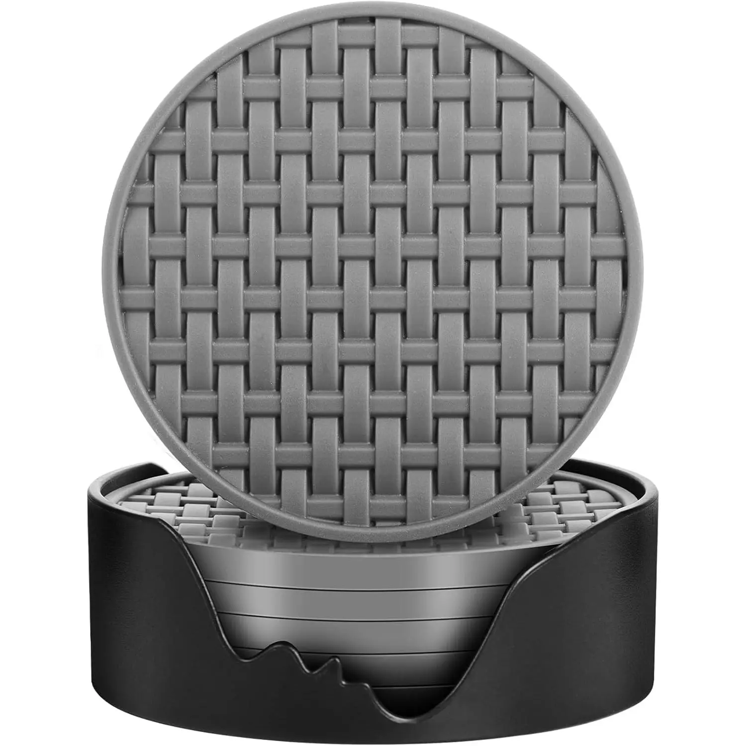 Gray  Coasters with Holder, 4 Inches Non-Slip Heat Resistant Cup Mats, Decorative  Round Coaster Set of 6 for , Kitchen, Office, Bar, Coffee Table