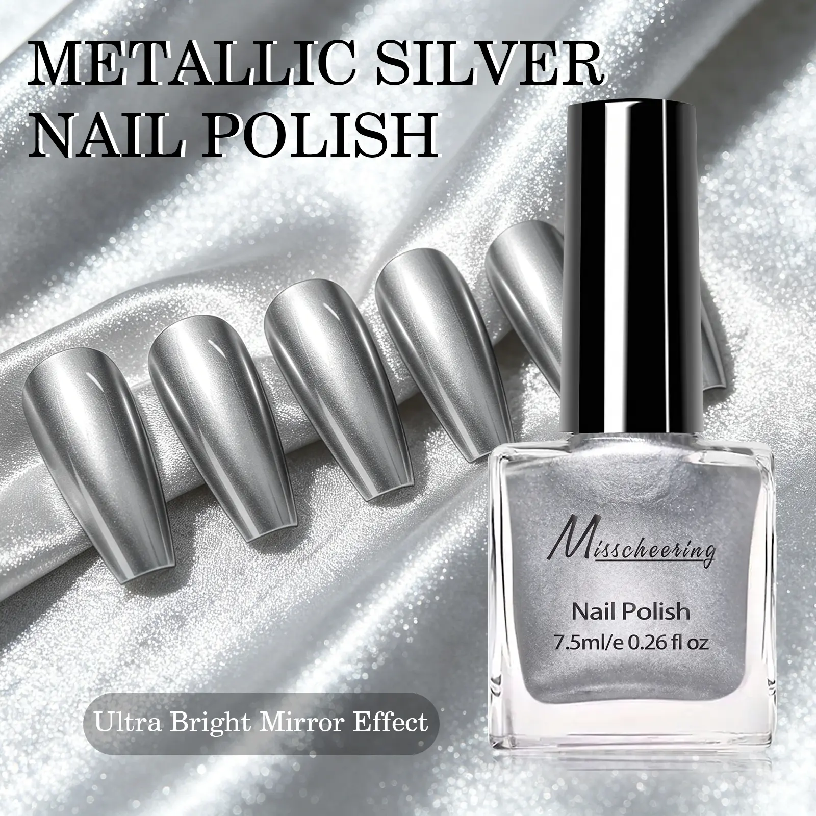 7.5ml Metallic Silver Nail Polish Ultra Bright Mirror Effect Quick Dry Nail Varnish Long Lasting High Gloss Chrome DIY Manicure