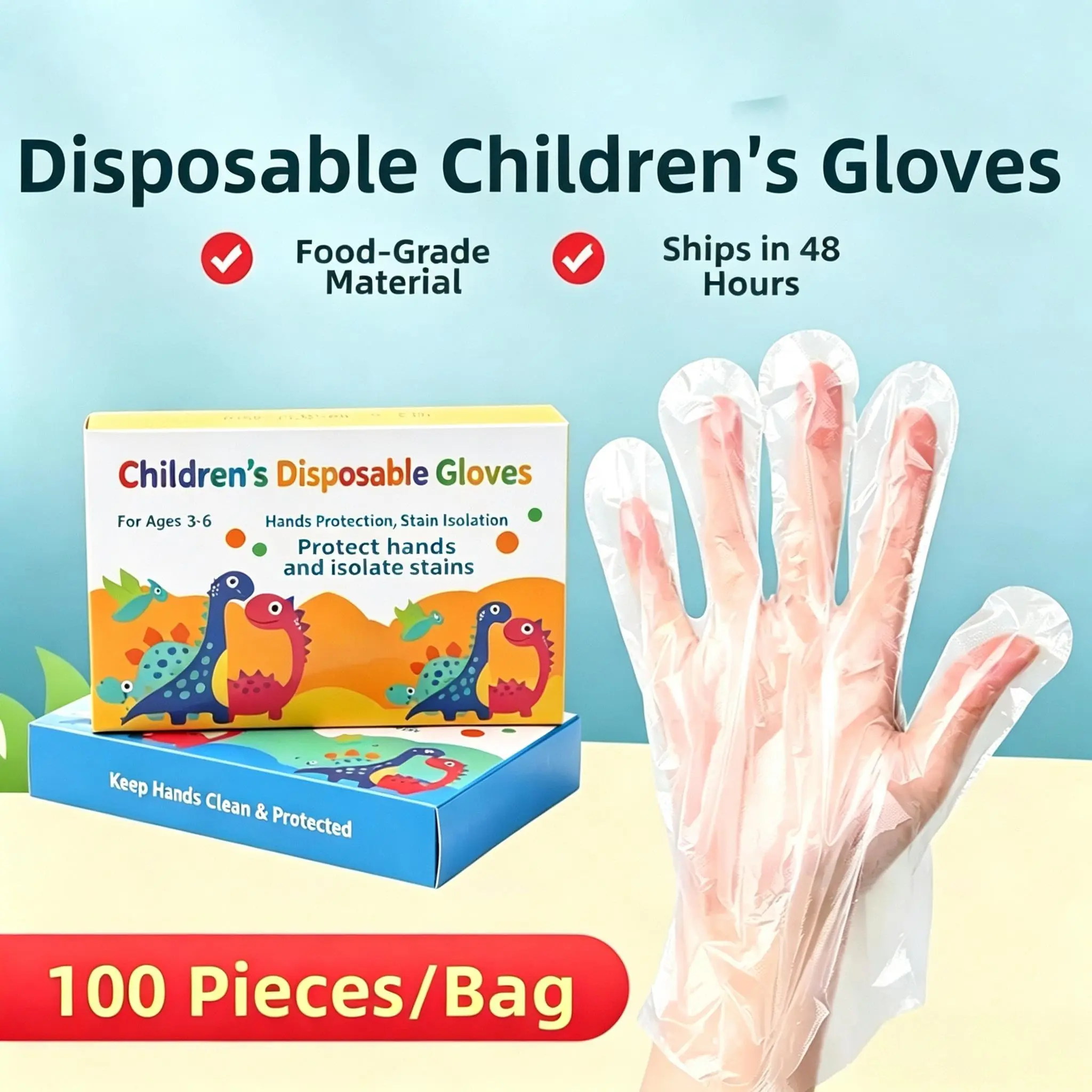 100 Pairs Kids Disposable Food-Grade PE Gloves, Thickened Embossed Anti-Slip BPA-Free Toddler Gloves for Painting, Cooking, Cleaning, Ages 3-12