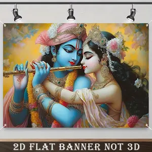 2D Flat Banner, 1pc Vibrant Krishna & Radha Wall Art - Polyester Flute-Playing Hindu Deity Scene for Indoor/Outdoor Party Decor, Perfect for Weddings, Birthdays, and Anniversaries