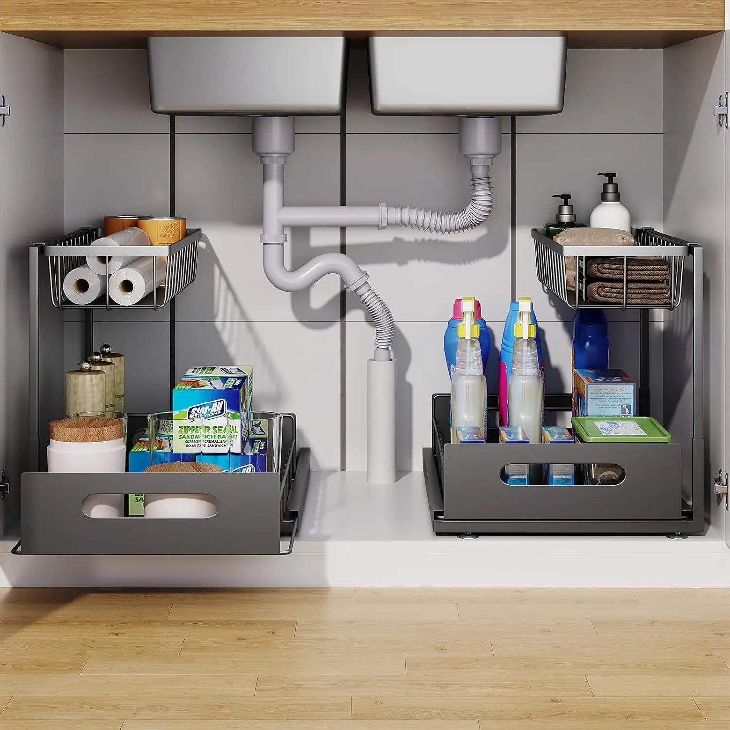 Under Sink Organizer, Pull Out Cabinet Organizer, 2 Tier Metal Slide Out Shelf with L Shaped Design for Kitchen, Bathroom, Laundry, and Utility Cabinet Storage for Deep Cabinets