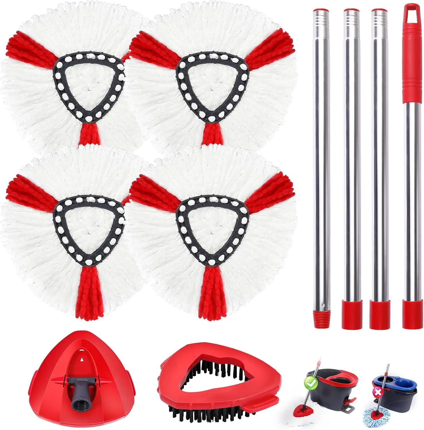 Oceda 4-Piece Triangle Mop Heads Replacement Set - Machine-Washable Microfiber Spin Refills with Bristle Scrubber Base, Removable Pads, Handles & Microfiber Towel for Kitchen, Tub Cleaning (Brush Compatible),dorm essentials,home essentials