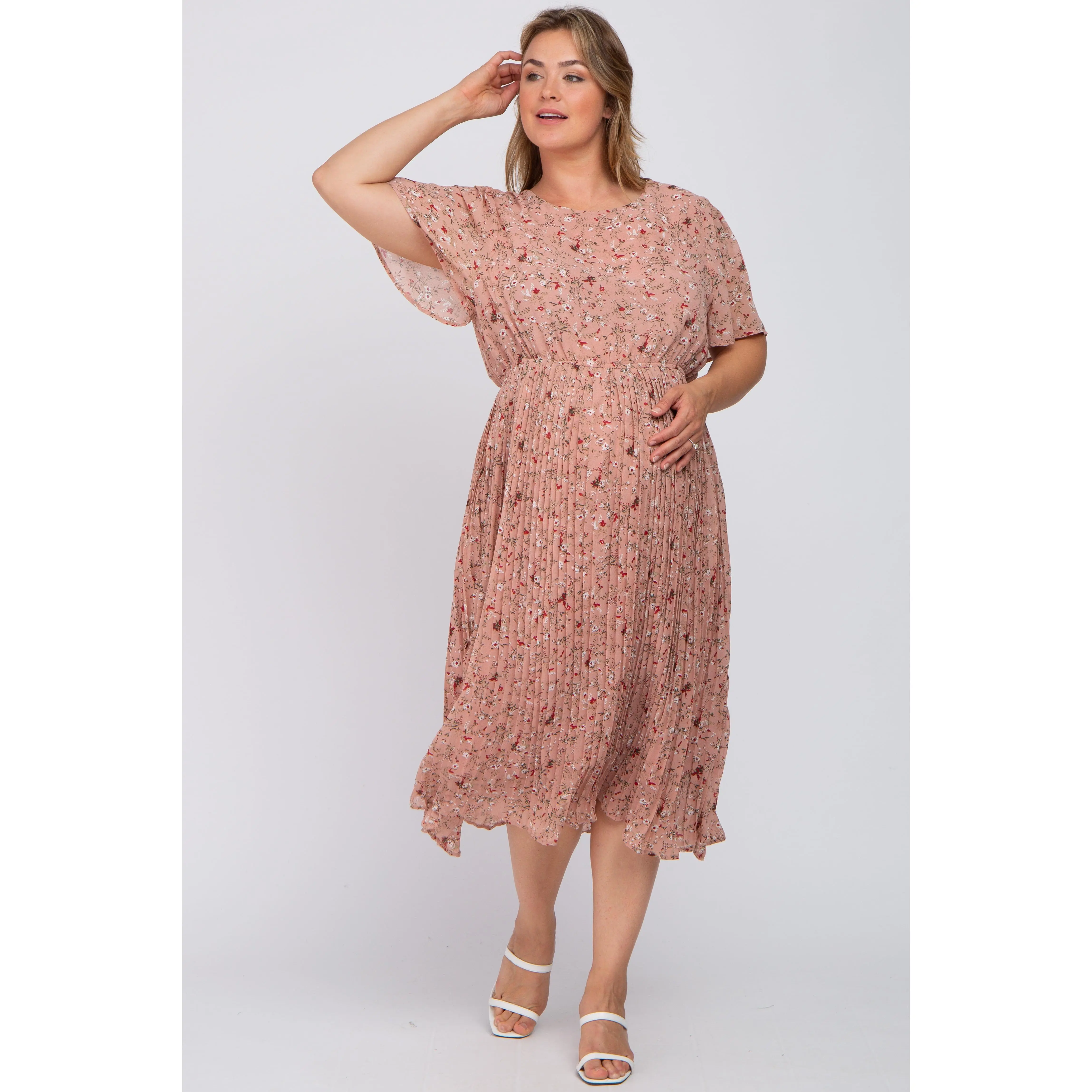 Plus-Size Maternity Chiffon Midi Dress - Light Pink Floral Pleated, Maternity Wear for Pregnant Women