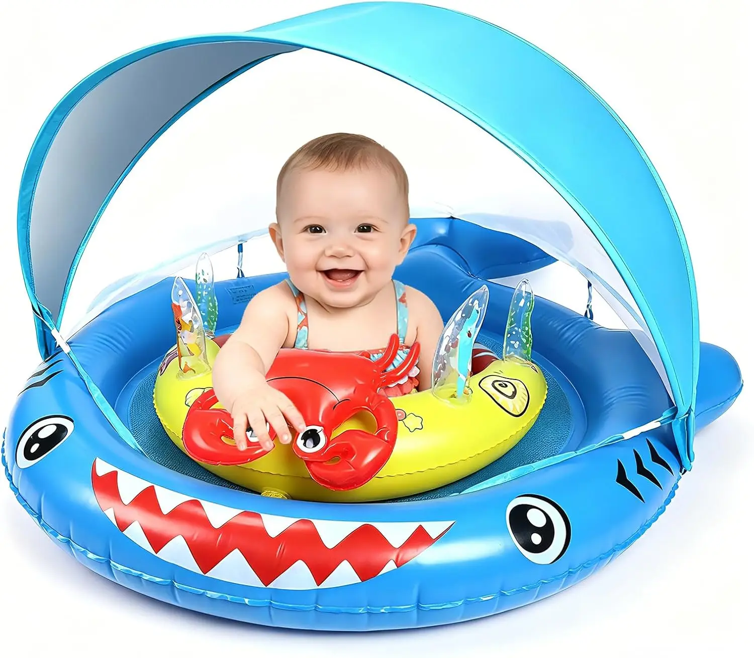 Baby Float with Canopy, UPF 50+ Detachable Sun Shade Baby Pool Float with Toy Console, Adjustable Safety Seat for Infants & Toddlers 6-36 Months, Boys & Girls