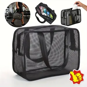 1pc black mesh toiletry bag, with a portable handle, for bathing and cosmetics storage, suitable for the gym and showers