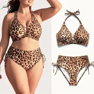Women's 2 Piece Bikini Set, Leopard Print Bathing Suit with Halter Push Up Bra, Swimsuits for Women with Mid-Low Waist Triangle, Stretchy and Comfortable Fabric That Keeps Shape After Wearing, Perfect for Beach Vacation Pool Party Honeymoon Summer Outfits