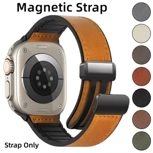 Magnetic silicone leather strap, Smart watch straps, Smartwatch Accessories, Compatible With iWatch Band 46mm 49mm 45mm 44mm artificial Leather+ Silicone Magnetic Folding Buckle Replacement Sports Strap For apple Watch Series Ultra 11 10 9 8 7 6 5 SE