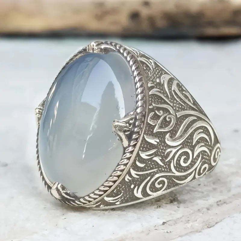 Vintage Statement Ring with Egg-Shaped Moonstone, Retro Boho Jewelry with a Flower-Carved Band for Men & Women, Retro Rings, Moonstone Rings