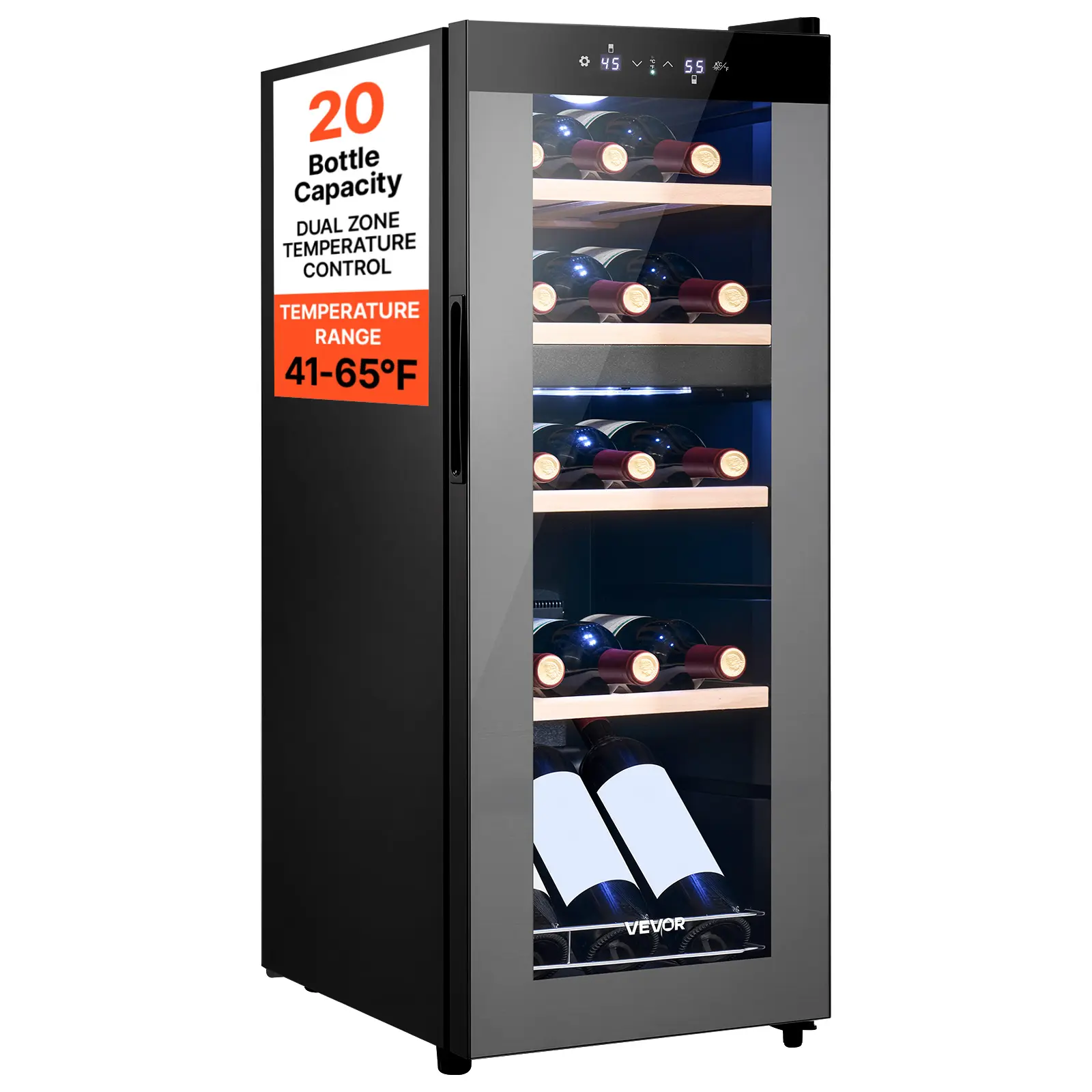 VEVOR 20 Bottle Wine Fridge, Freestanding Wine Cooler Refrigerator, Dual Zone Cooler, 41℉ to 65℉ Adjustable Temp Mini Cellar, Glass Door, For Home Office Bar, Red White Champagne or Sparkling Wines