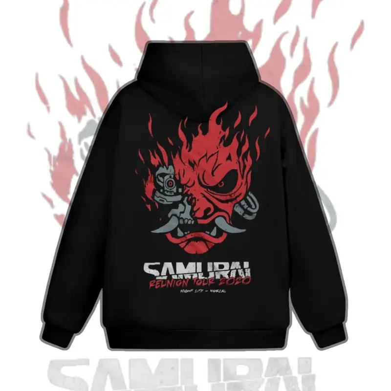 Men's Samurai Reunion Tour 2-Sided Graphic Hoodie & Sweatshirt - Soft, Casual, Fashion Menswear, Round Neck, Unisex Fitted Long Sleeve, Anime Cyberpunk Band Design, Birthday Christmas Gift, Tee, Tops, Flame, T-Shirt, Classic, Halloween