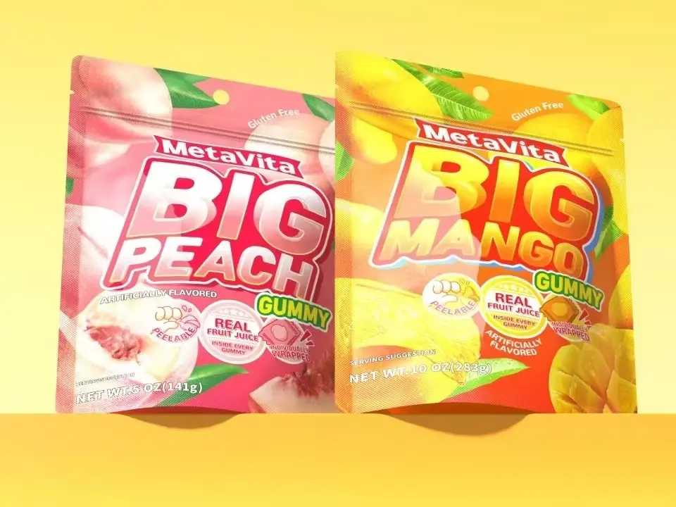 MetaVita Big Mango & Peach Gummy - 5oz (141g) Big Bag, 20 Individually Wrapped Juicy Pieces, Peelable, Chewy, Real Fruit Flavor, Novelty Candy for Kids & Adults, Halloween, Viral Party Gift Snack