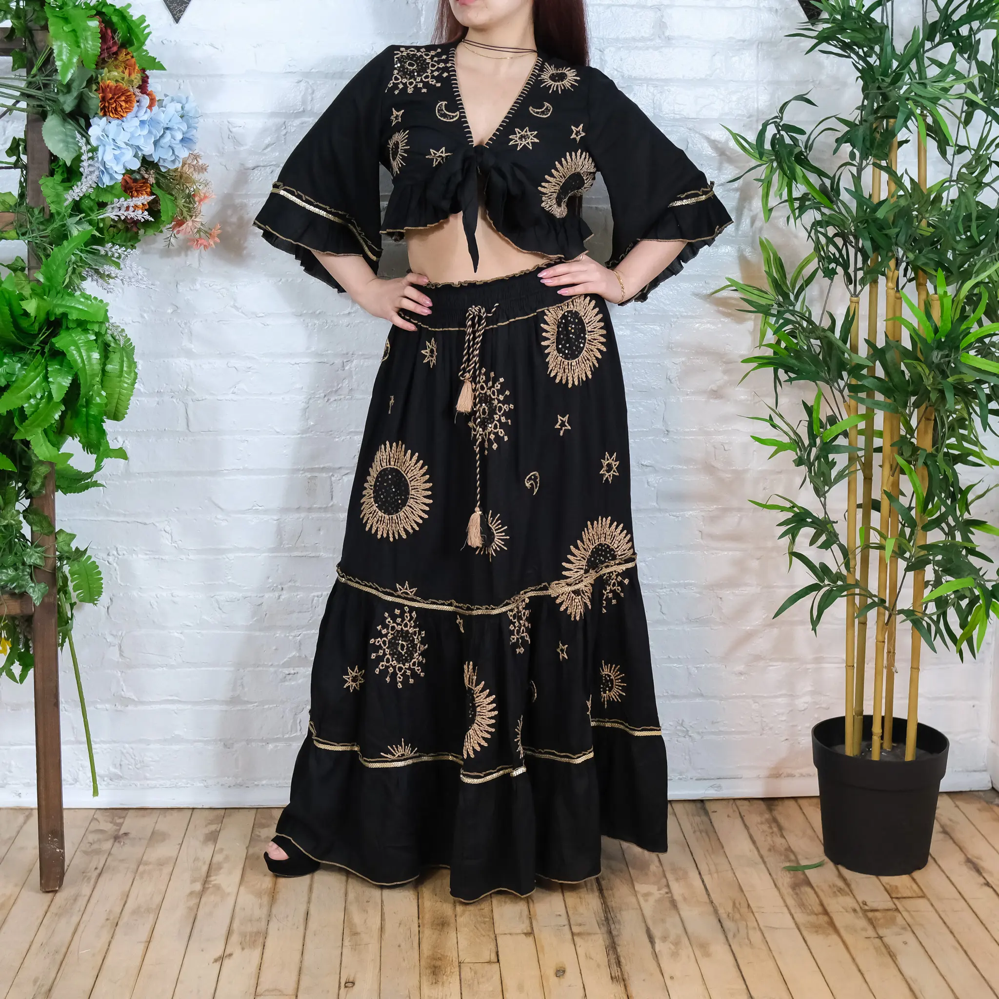 Flowy Embroidery Skirt with Ruffle Sleeve Top, Boho Maxi Skirt Set, Summer Outfit, Bohemian Tiered Long Skirt, Fairy Skirt, 90s Fashion Vibe, Celestial Skirts