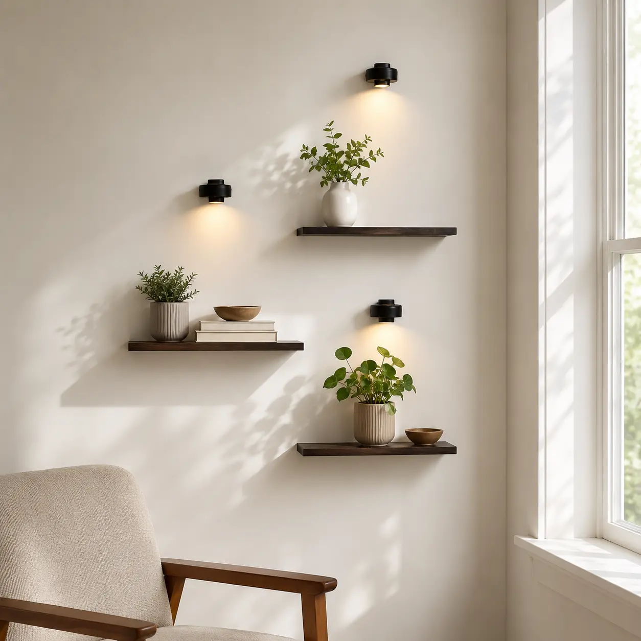 3-Pack Farmhouse Floating Shelves with LED Lights - Wall-Mount Contemporary Indoor Furniture, Cohesive Gallery Wall Organizer for Living Room Small Space Storage, Rustic Brown Wooden Set