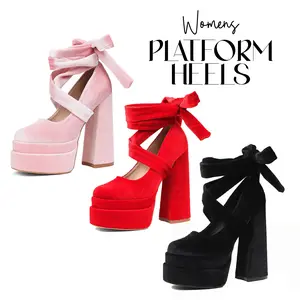Womens Platform Heels Round Toe Ankle Strap Chunky Heel Gifts for her Velvet Bow Lace Up Party Dressy Evening Date Barbiecore Heeled Pumps Shoes
