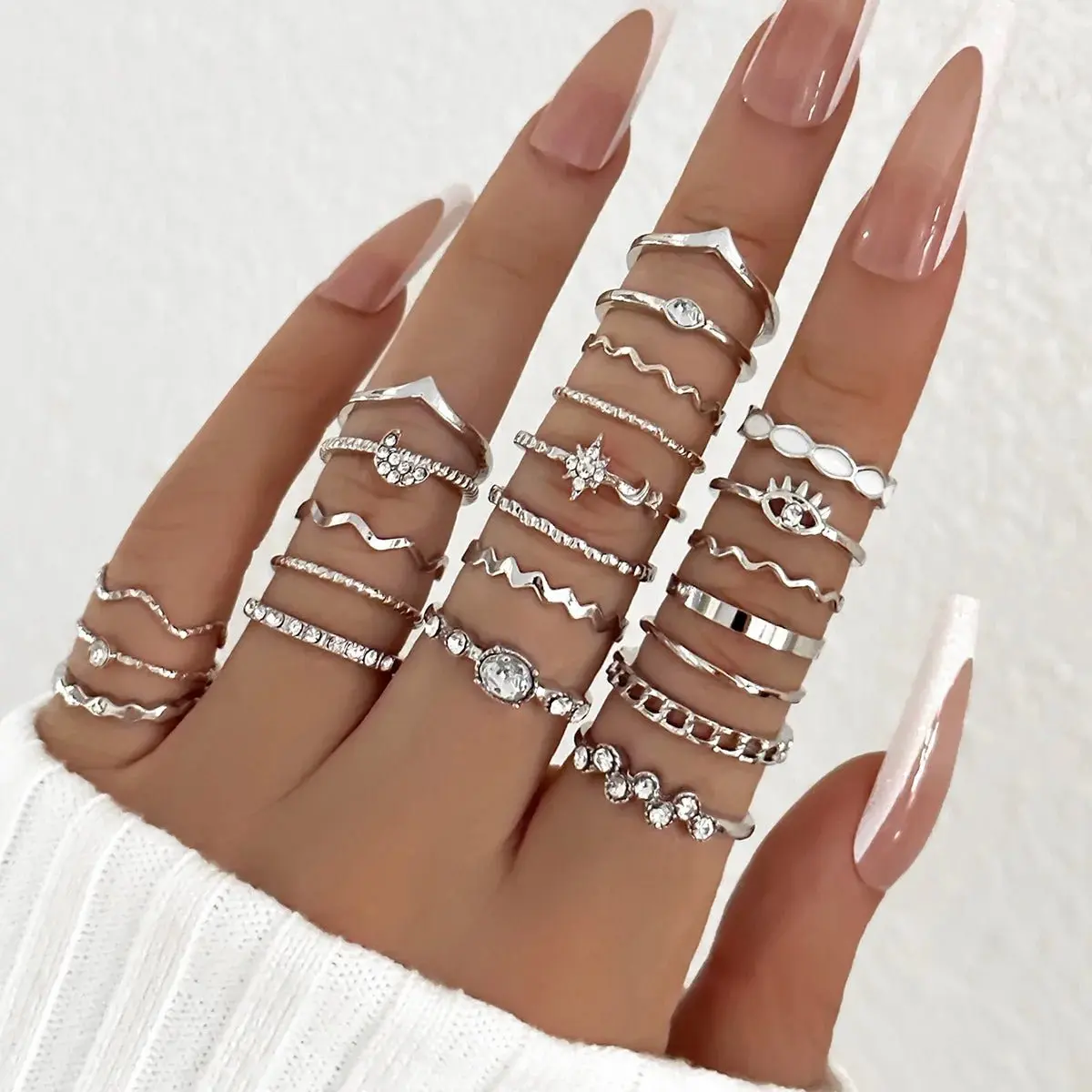 23-Piece Boho Knuckle Rings Set | Crystal Star Moon Eye Wave Gold Silver