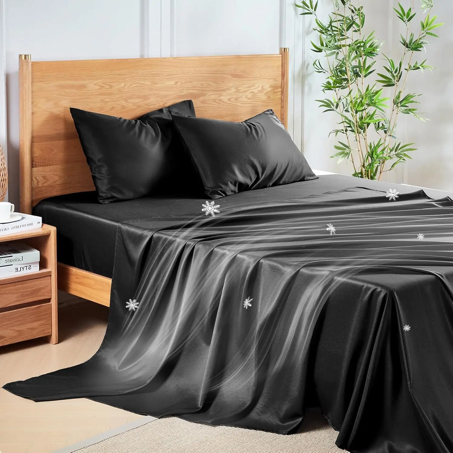 Queen Sheet Set - 4-Piece Cooling Rayon Blend Sheet Set, 30% Rayon Derived from Bamboo & 70% Polyester, Silky-Twill Weave, 15" Deep Pockets with Elastic Straps, Breathable Bedding for Hot Sleepers, Black