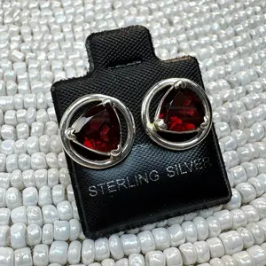 Sterling Silver Trilliant Cut Garnet Stud Earrings