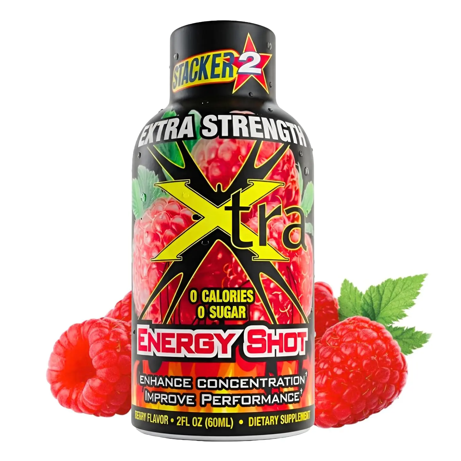 Stacker 2 Xtra Extra Strength Energy Shot, Berry Flavor - B12 B6 B3 L-Tyrosine 0 Calories, 0 Sugar, Liquid, 2 oz, 12 Pack (24 Pack, Berry)