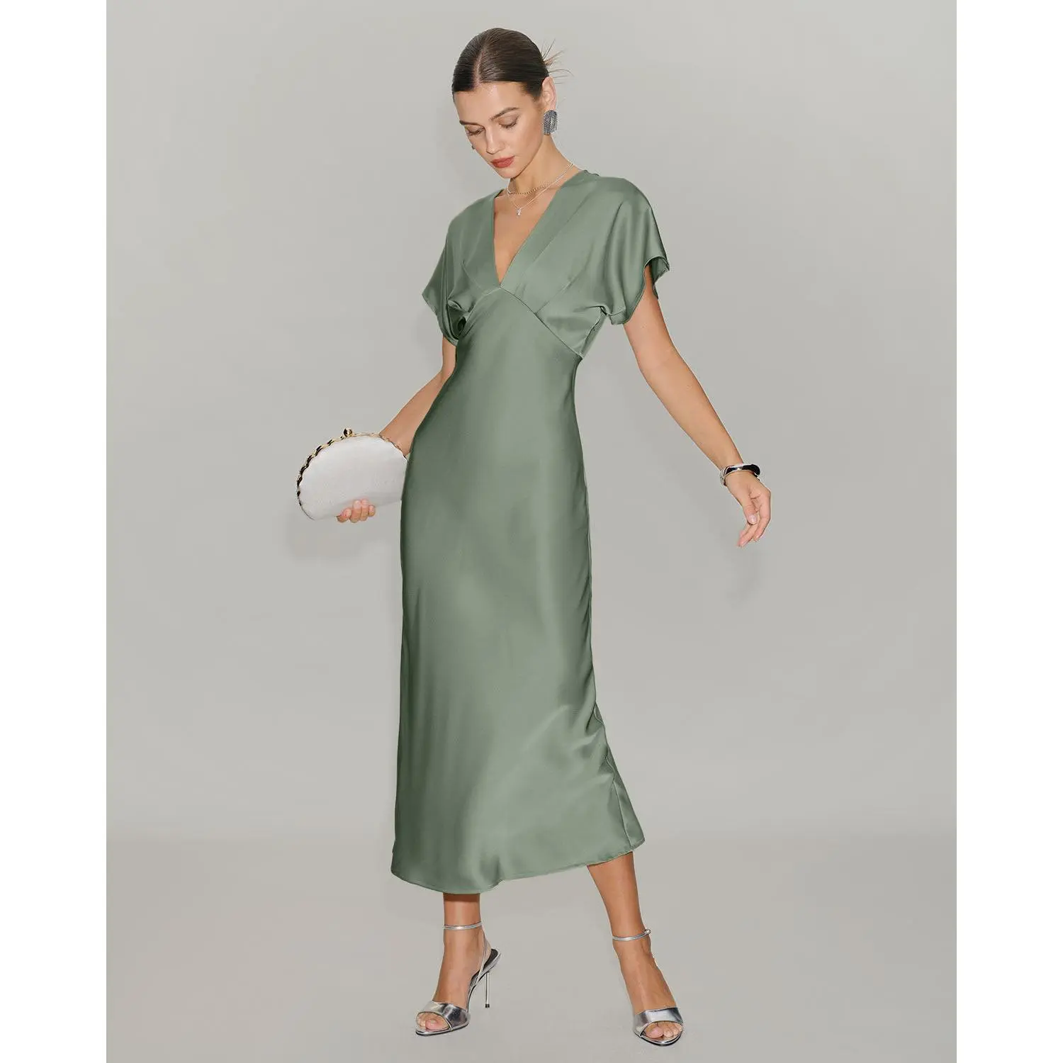 RIHOAS Women's Formal Dress, Elegant Solid Satin A-Line V-Neck Pleated Midi Wedding Guest Gown, Lady, Wedding Guest Dresses, Dress For Wedding Guest