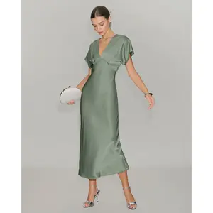 Green Satin V Neck A-Line Midi Dress