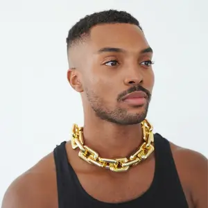Gold Chunky Chain Choker - Polymer/Plastic Gold Chunky Chain Carabiner Pendant Choker Necklace, 16 Inches