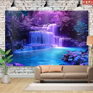 2D Flat Banner, 1pc Enchanting Purple Woods Photography Banner - 100% Polyester, Vibrant Waterfall & Lush Greenery Design, Perfect for Home & Garden Decor, No Electricity Needed, Horizontal Wall Art for Living, Wall Hanging Backdrop