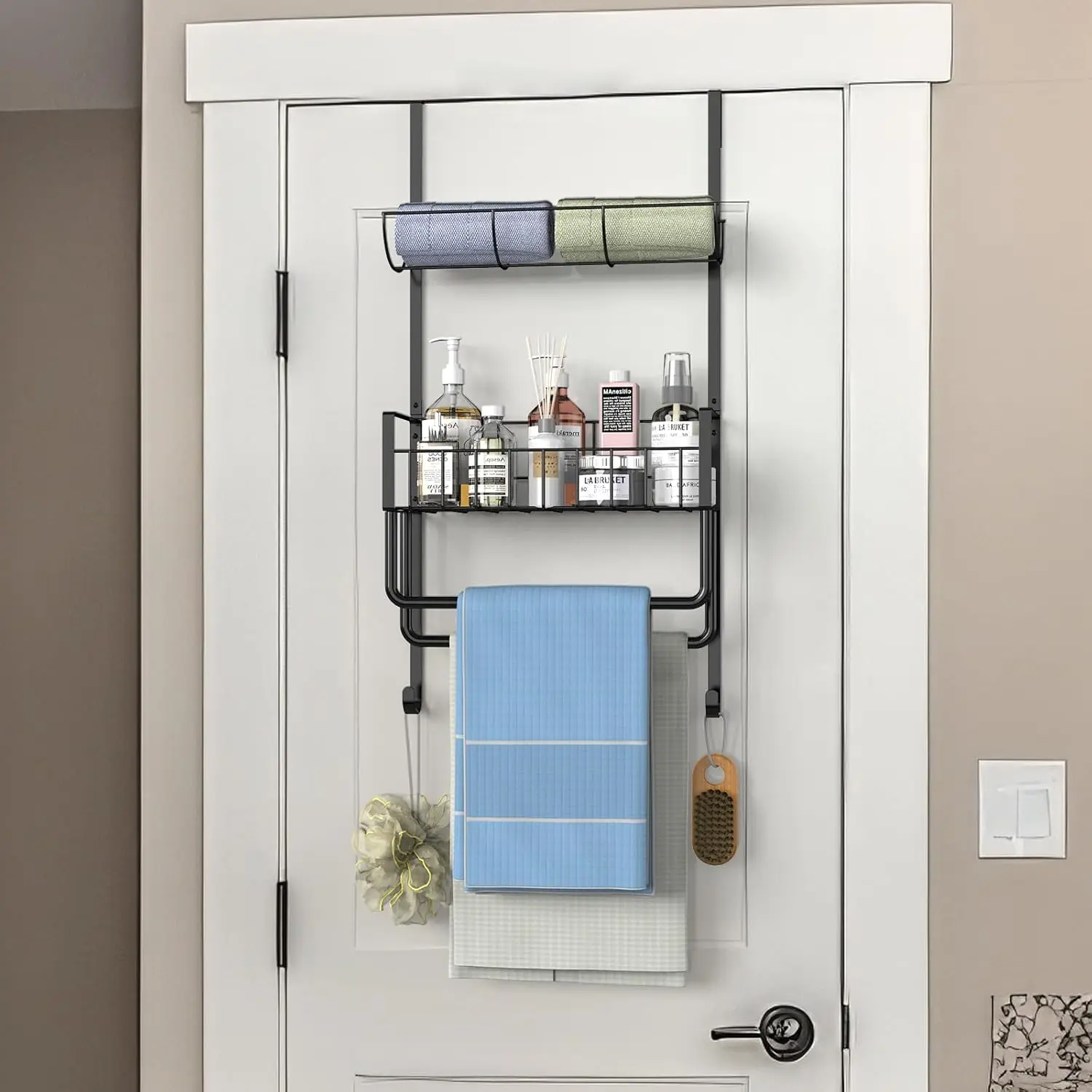 Black Over-the-Door 4-Tier Towel Rack with Hooks and Basket, Bathroom Towel Bar Organizer for Bathroom and Bedroom Home Accessory