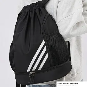 Double Shoulder Bag with Zipper Large Capacity Dry Wet Separation Sports Drawstring Backpack for Outdoor Basketball Football Yoga Fitness