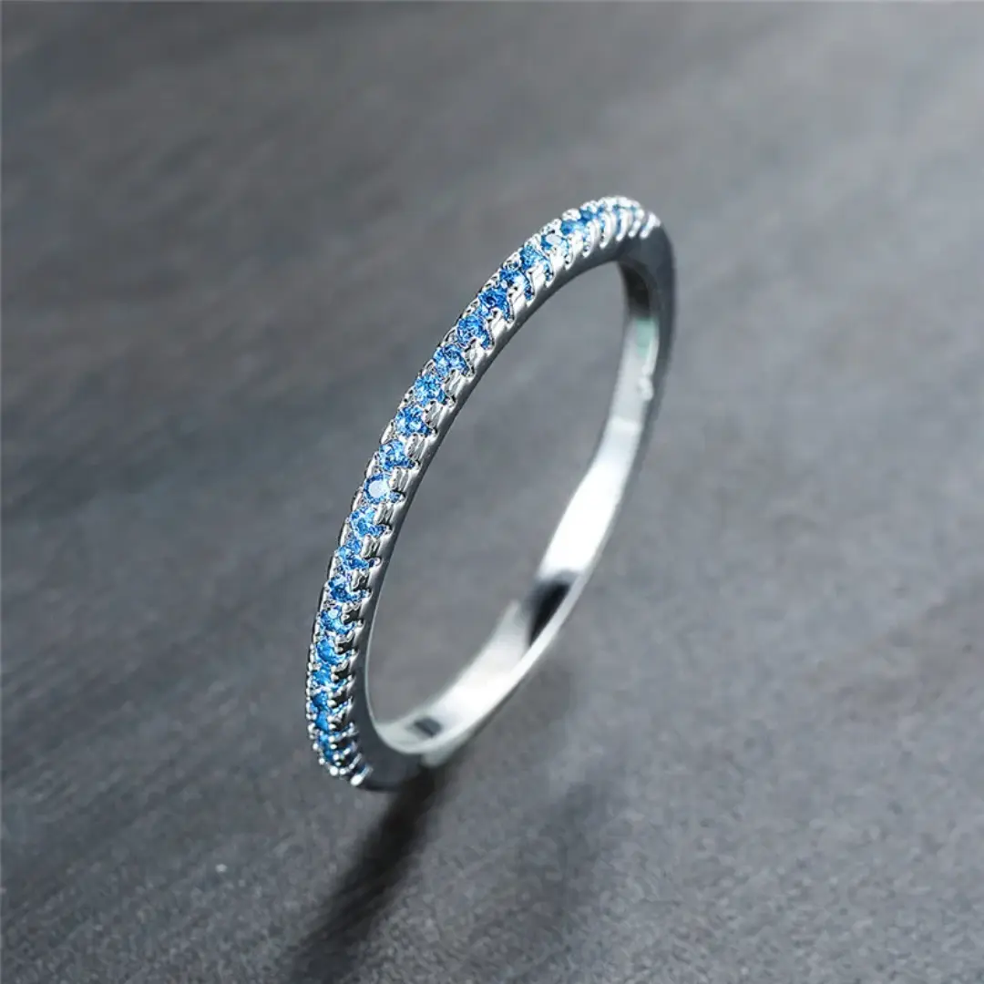 Natural Swiss Blue Aquamarine Ring, Blue Aquamarine Petite Wedding Ring, Aquamarine Wedding Band, 14k White Gold, Half Eternity, Bridal Anniversary Jewelry Gift