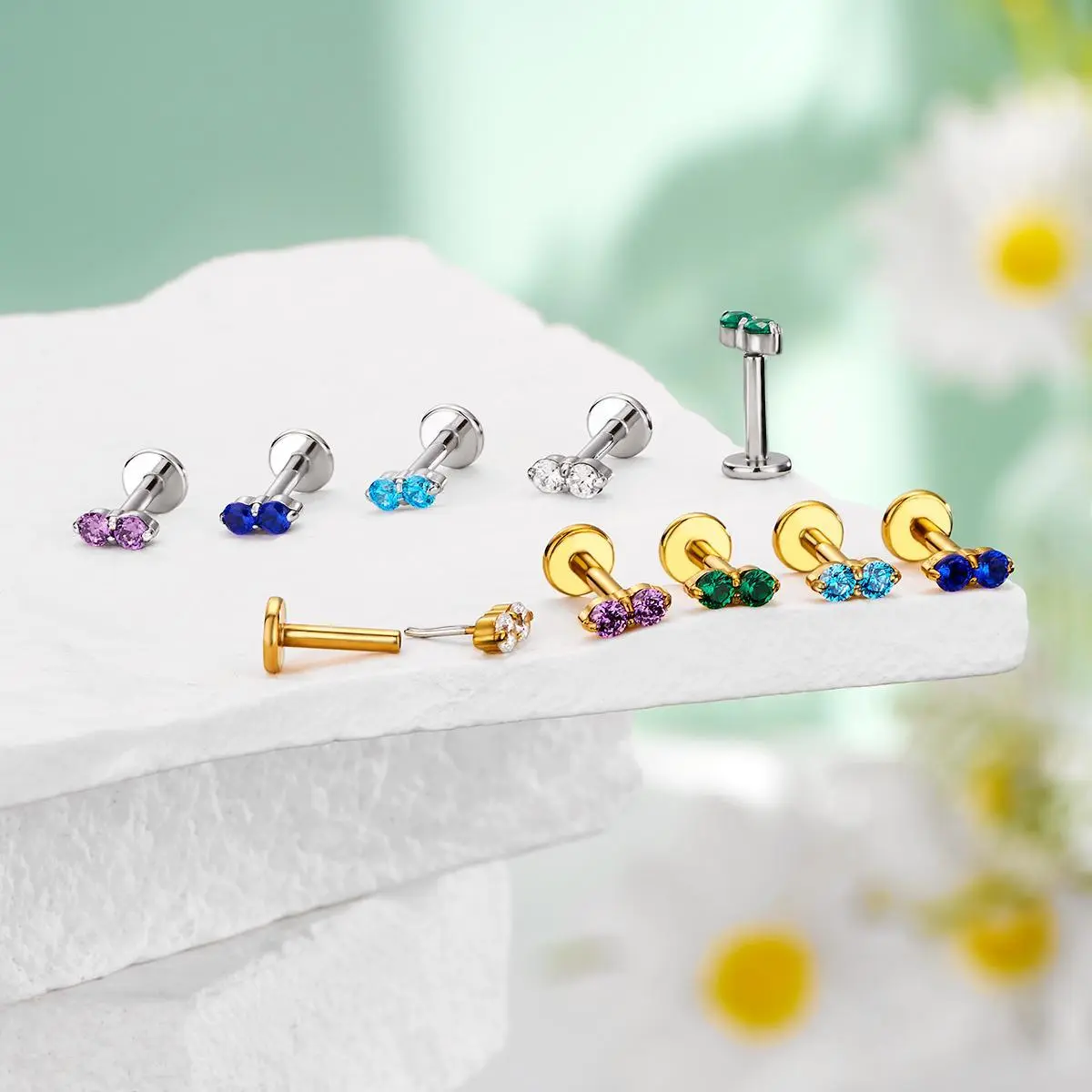 OUFER BODY JEWELRY 16G Threadless Push Pin Dainty Cubic Zirconia Flat Back Cartilage Stud Earrings for Female, Body Piercing Jewelry for Helix, Tragus, Threadless Jewelry